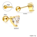 Three-prong heart crystal earrings with 4mm screw back ball in gold stainless steel - Gold Heart Shape (EA63080AG)