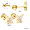 Butterfly 18K gold stainless steel stud earrings with white zircon and twist ball back - Gold Butterfly Style (EA63160AG)