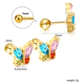 Detail of gold butterfly stud earrings with colorful crystals and twist ball screw back - Gold Multicolor Zircon (EA63140MG)