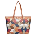 Bolso tote para mujer con diseño de patchwork geométrico 3D colorido y asas de cuero - Celosía Azul (6006)