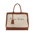 Retro canvas and leather Frida Kahlo tote bag with large capacity and shoulder straps - White