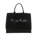 Large black canvas tote bag with Frida Kahlo signature and leather accents - Black