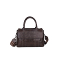 Dark brown faux leather tote with crocodile texture and wide lettered shoulder strap - Brown