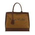 Retro canvas tote bag with Frida Kahlo print and brown leather handles on white background - Brown