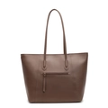 Classic large capacity tote bag in brown matte leather with front zipper pocket and long straps - Khaki