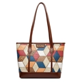 Chic 3D geometric patchwork tote bag for women with colorful PU leather and brown straps - Blue Plaid