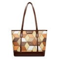 Minimalist geometric patchwork tote bag with large capacity and brown leather handles - Brown Plaid