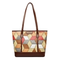 Fashionable patchwork tote bag for women featuring colorful geometric faux leather panels - Red Grid