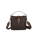 Brown checkered bucket bag with bear patterns and a wide logo fabric shoulder strap - Coffee (Plaid)