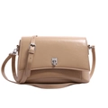 Minimalist beige vintage oil wax leather shoulder bag with silver rotating lock closure - Khaki