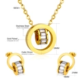 Gold plated stainless steel jewelry set with round cubic zirconia pendant and earrings - Clear Zirconia Style (SE901601G)