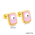 Detail van rechthoekige gouden oorbellen met roze emaille en het boze oog - Gouden Basis Roze Emaille (EA5A360FG)