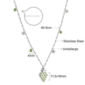 Detail of stainless steel grape necklace with green cubic zirconia and product dimensions - Silver Grape Style (NE29510MS)