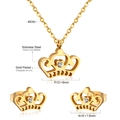 Macro shot of gold-plated crown necklace and earrings set with dimension annotations - Gold Hollow Small Crown Style (SE224002G)