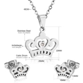 Detail view of stainless steel crown necklace and earrings set with cubic zirconia - Silver Hollow Heart Crown Style (SE122502S)