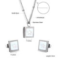 Detail view of square white shell necklace and star earrings with technical measurements - Silver Square Star (SE25550AS)