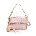 Pink woven puppy crossbody bag with sweet heart patterns and plush bear charm - Pink