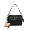 Black woven leather crossbody bag with dog embossing and pink plush bear charm - Black