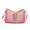 Bolso de hombro de lino minimalista con ribete de cuero rosa y hebilla metálica - Rosa Rojo