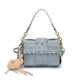Light blue-grey embossed crossbody bag with a cute plush bear charm and chain strap - Blue