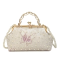 Beige Abendtasche aus Samt mit lila Schmetterlingsstickerei und Perlenriemen - Weiß
