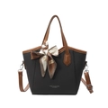 Sac seau tissé noir avec bordure en cuir marron et détail de foulard décoratif - Noir