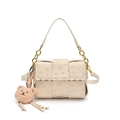 Beige woven leather crossbody bag with cute embossed puppy patterns and plush bear charm - White