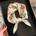 Elegant off-white silk square scarf with orange rose floral print in a black tray - Beige (ZS-414) / 53*53cm