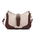 Bolso de hombro minimalista francés en cuero marrón y lona beige con hebilla - Marrón