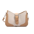 Bolso bandolera elegante en lona beige y cuero marrón con hebilla plateada de lujo - Caqui