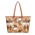 Bolso tote de mujer con diseño de patchwork geométrico en tonos marrón y beige - Celosía Marrón (6006)