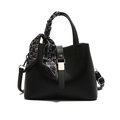 Chic black litchi grain bucket bag with heart print silk scarf and silver metal buckle - Black