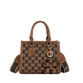 Brown monogram tote bag for women with floral charm and wide fabric shoulder strap - Coffee Mosaic
