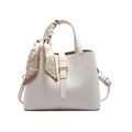 White lychee leather bucket bag with decorative heart scarf and silver metal buckle - White