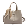 Chic beige bucket bag with lychee texture, silk scarf handle, and silver buckle closure - Beige