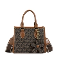 Brown monogram tote bag with MKMP pattern, wide stripe shoulder strap and flower charm - Coffee With Letters