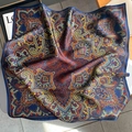 Detailed close-up of dark blue silk scarf with vintage paisley pattern and elegant texture - Square / Navy Blue