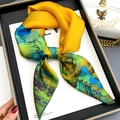 Elegant mulberry silk scarf featuring traditional Chinese landscape print and yellow satin - 65x65cm / Yellow