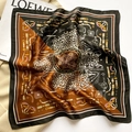 Retro silk square scarf with caramel brown chain and horse bit patterns in variant style - Caramel Black
