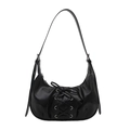 Elegante schwarze Halbmond-Schultertasche mit Schnürung, Schleife und Silberösen - Schwarz