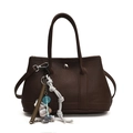 Brown litchi leather bucket tote bag with decorative colorful charms on white background - With Pendant / Large / Brown
