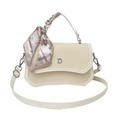 Chic beige woven crossbody bag with white leather trim and decorative silk scarf - Off White