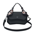 Black textured handbag with asymmetric curved base, metal D logo and silk scarf handle decor - Black