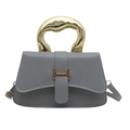 Chic grey square handbag with golden H-shaped buckle and unique metal handle - Gray
