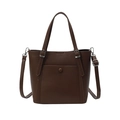 Brown lychee leather tote bag with round buckle pocket and adjustable crossbody strap - Brown