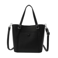 Black lychee texture tote bag with silver hardware and adjustable shoulder strap - Black