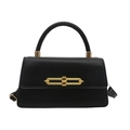 Chic black faux leather baguette bag with signature gold bar lock and top handle - Black