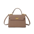 Elegant trapezoid handbag in dark khaki leather with golden hardware and top handle - Khaki