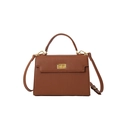 Elegant caramel leather trapezoid handbag with gold turn-lock and adjustable strap - Brown