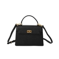 Black litchi grain leather trapezoid handbag with gold rotating clasp and shoulder strap - Black